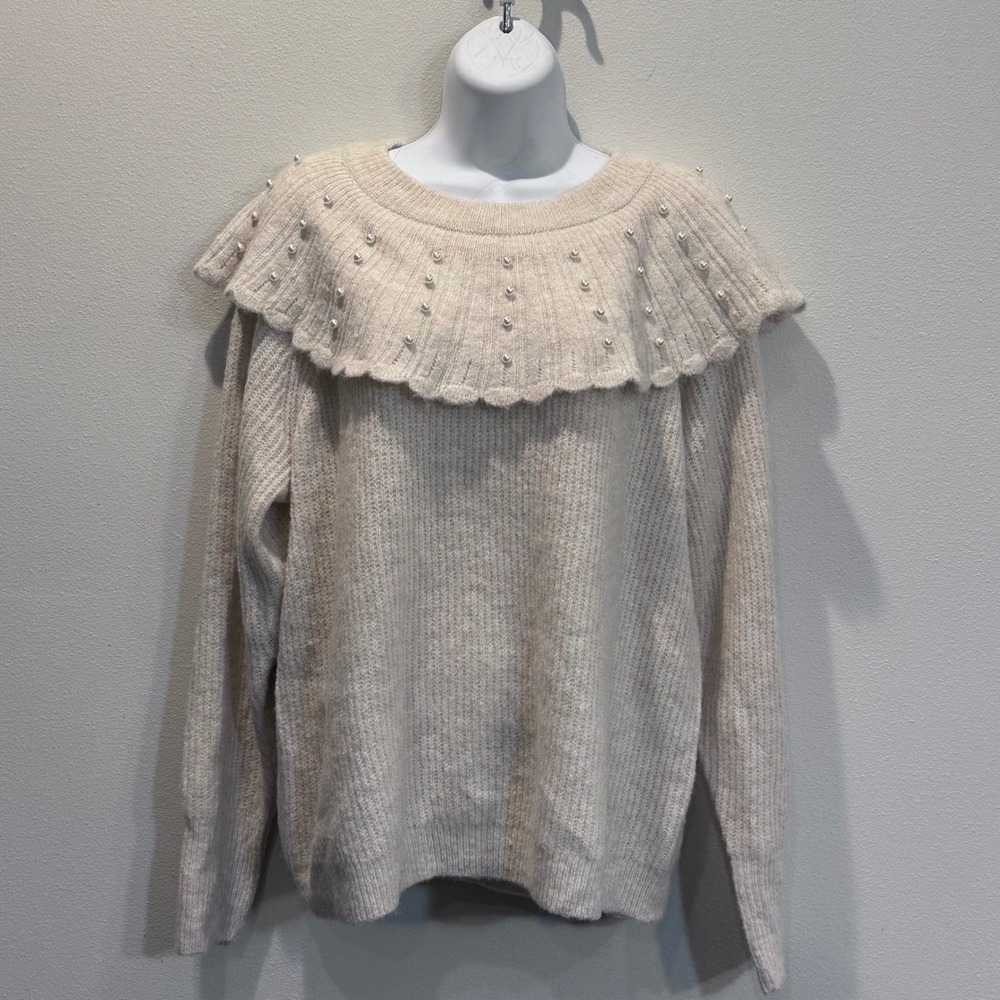 Cato Women's‎ Cream Pearl Embellished Ruffle Collar Sweater Size Medium